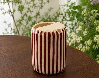 Hand-Painted Burgundy Stripe Ceramic Travel Mug, Handmade Pottery Coffee Tumbler with Sipping Lid, Minimalist Gift for Her