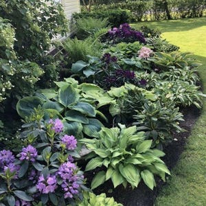 Complete continental garden plan with sun, half shade and shade loving species
