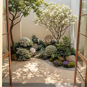 May include: A courtyard garden viewed through an open doorway, featuring a white-flowering tree, rounded shrubs, moss-covered rocks, and a light-colored stone patio. The text LILY GARDEN is visible in the center of the scene among the plants.