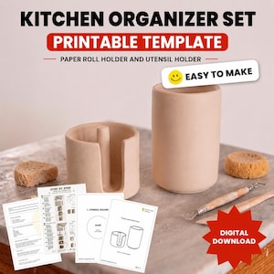May include: A kitchen organizer set with a printable template. The set includes a paper roll holder and utensil holder. The image also shows instructions and the text "EASY TO MAKE" and "DIGITAL DOWNLOAD".