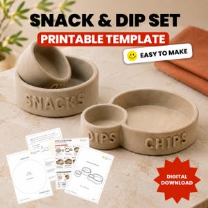 May include: A beige snack and dip set with the words "SNACKS", "DIPS", and "CHIPS" embossed on the bowls. The set includes a printable template and is labeled "EASY TO MAKE" and "DIGITAL DOWNLOAD".