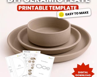 May include: A set of three beige ceramic plates and a bowl, with accompanying printable templates. The text "DIY CERAMIC PLATE PRINTABLE TEMPLATE" is at the top, with "EASY TO MAKE" and "DIGITAL DOWNLOAD" also visible.