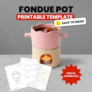 May include: A pink ceramic fondue pot with a scalloped rim sits atop a cream-colored base with a yellow grid pattern and a lit tea light candle inside. A strawberry is inside the pot. Three printed instruction sheets are included in the set.