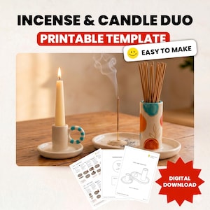 Puede incluir: Una vela encendida en un portavelas de cerámica blanca con un asa azul y verde, junto a un palito de incienso encendido y un portaincienso de cerámica. La imagen incluye el texto "INCENSE & CANDLE DUO PRINTABLE TEMPLATE EASY TO MAKE DIGITAL DOWNLOAD".