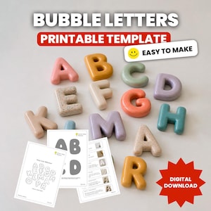May include: Colorful bubble letters in various shades of pink, orange, green, and beige, with a printable template. The image includes the text "BUBBLE LETTERS PRINTABLE TEMPLATE" and "EASY TO MAKE". A digital download is available.