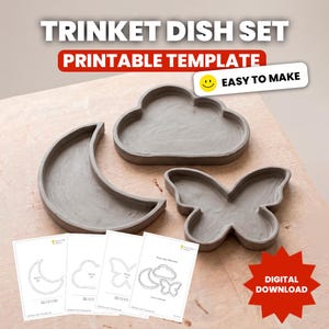 May include: A collection of grey concrete trinket dishes shaped like a crescent moon, cloud, and butterfly. The image includes printable templates and text that reads "TRINKET DISH SET PRINTABLE TEMPLATE EASY TO MAKE DIGITAL DOWNLOAD".