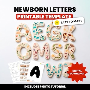 Puede incluir: Una plantilla imprimible de letras para recién nacidos con caracteres alfabéticos redondeados en color beige, decorados con ilustraciones coloridas de animales, plantas y datos de nacimiento como fechas, horas y pesos en kg y cm.