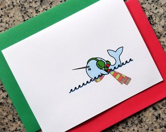 holiday narwhal in ear muffs and scarf christmas cards / notecards / thank you notes (blank or custom inside) with envelopes set of 10