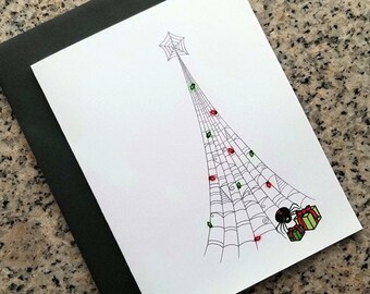 the black widow's lit up spider web christmas tree holiday greeting cards, thank you notes (blank/custom inside) with envelopes - set of 10