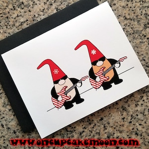 Gnomos de Natal inspirados no ZZ Top com guitarras de bengala de doces, cartões de Natal, cartões de agradecimento (em branco/personalizados), envelopes, conjunto de 5, conjunto de 10