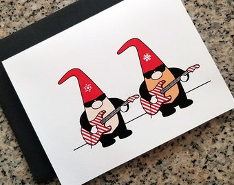 ZZ Top inspired holiday gnomes with candy cane guitars christmas cards notecards thank you notes (blank/custom) envelopes set of 5 set of 10