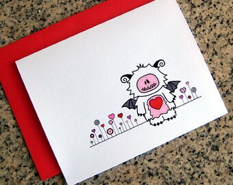love monster and heart flower garden valentines / notecards / thank you notes (blank or custom) with envelopes - set of 5 or set of 10