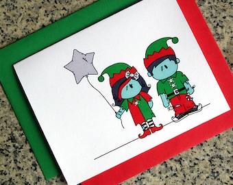 zombie elf girl & boy holiday christmas greeting cards / notecards / thank you notes (blank or custom inside) with envelopes- set of 10