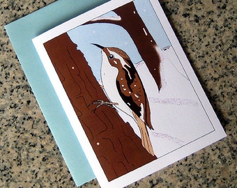 winter brown creeper bird holiday christmas greeting cards thank you notes - set of 5 or 10