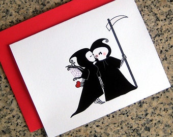 kiss of death cute grim reaper couple valentines / notecards (blank or custom inside) with envelopes - set of 5 or set of 10