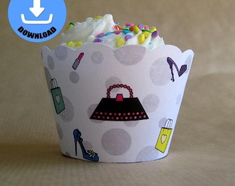 sofort download druckbare shopping Mädchen Makeup Schuhe Heels Geldbörsen Taschen Cupcake-Wrapper