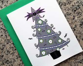 Tim Burton inspired holiday christmas tree cards / notecards / thank you notes (blank/custom printed inside) with envelopes - set of 10