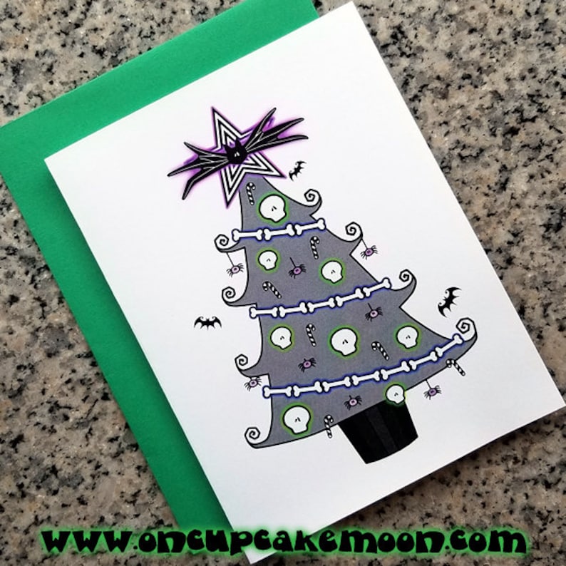 Tim Burton inspired holiday christmas tree cards / notecards / thank you notes blank/custom printed inside with envelopes set of 10 image 1