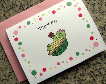 turtle girl notecards / thank you cards birthday party with envelopes (blank or custom printed inside) - set of 10