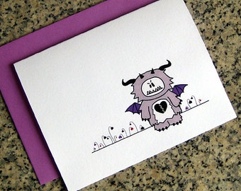 anti valentines day anti love monster and dead heart garden cards (blank or custom inside) with envelopes - set of 5 or set of 10