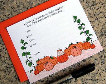 lil pumpkin 1st birthday halloween costume party lined invitations with orange envelopes DIY customizable - set of 10