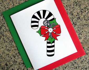 skull bow candy cane holiday christmas greeting cards notecards thank you notes (blank or custom) with envelopes - set of 5 or set of 10