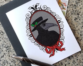 the merry plague doctor holiday christmas cards, thank you notes (blank/custom inside) with envelopes - set of 10