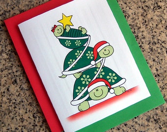 turtle stack christmas tree holiday christmas cards (blank or custom printed inside) with red or green envelopes - set of 10