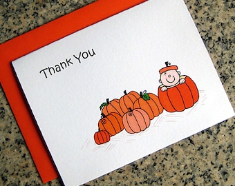 lil pumpkin baby shower 1st birthday party thank you cards with orange envelopes (blank or custom printed inside) - set of 10
