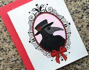 love from the plague doctor valentine love cards, thank you notes (blank/custom inside) with envelopes - set of 5 or set of 10