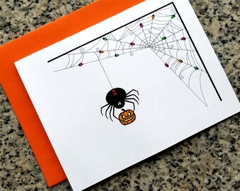 Araña viuda negra con telaraña iluminada, tarjetas góticas de Halloween, tarjetas de notas, notas de agradecimiento (en blanco/personalizadas), con sobres, juego de 5 o juego de 10