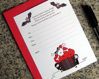 vampire kids skull cupcake lined birthday halloween costume party invitations with red envelopes DIY can be customized - set of 10