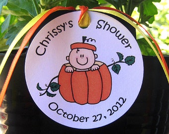 lil pumpkin custom baby shower favor tags for either boy or girl with coordinating ribbon - set of 12