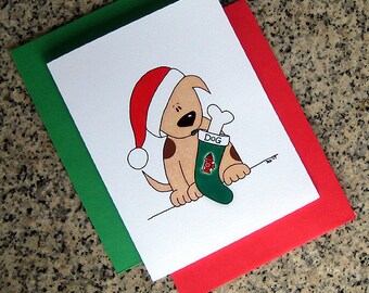 brown spotted puppy dog with a stocking holiday christmas greeting cards thank you notes - set of 5 or 10