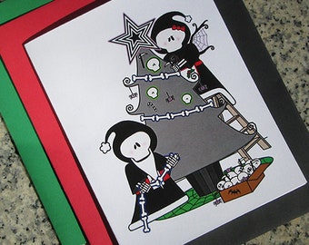Mr. and Mrs. Grim Reaper Claus decorating the holiday tree christmas thank you cards (blank/custom) with envelopes - set of 5 or set of 10