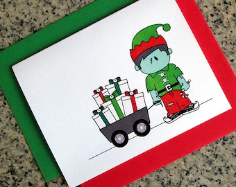 zombie boy elf holiday christmas greeting cards thank you notes - set of 5 or 10