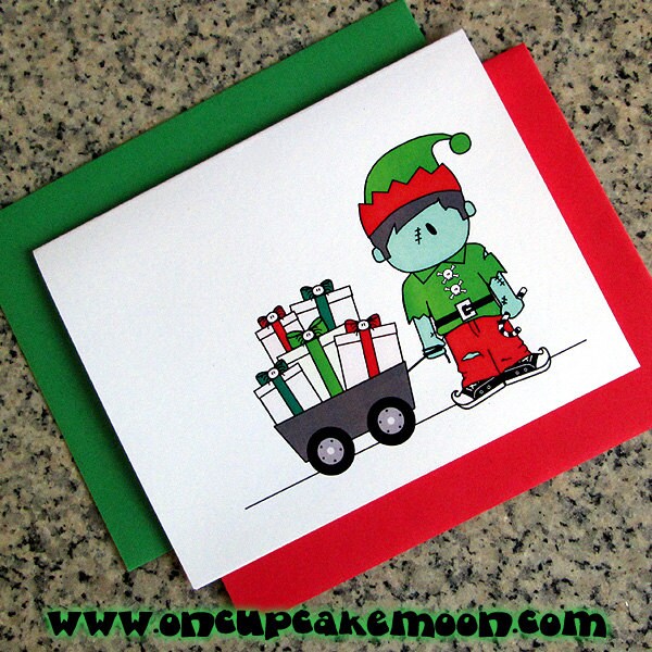 zombie boy elf holiday christmas greeting cards / notecards / thank you notes (blank or custom inside) with envelopes- set of 10