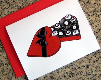 death by chocolate candy heart box valentines / notecards / thank you notes (blank or custom inside) with envelopes - set of 5 or set of 10