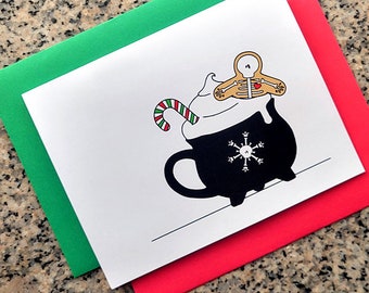 cozy cauldron mug and treats holiday christmas greeting cards thank you notes - set of 5 or 10