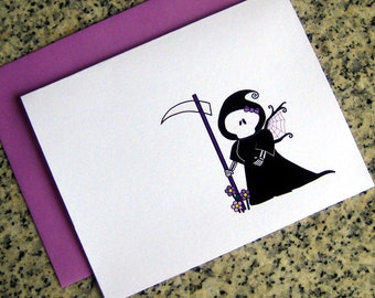 cute grim reaper girl death thank you notes / valentines / note cards (blank or custom inside) with envelopes - set of 10