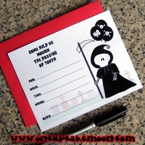 May include: A white invitation card with black text that reads "Come help us mourn the passing of youth". The card features a black and white illustration of the Grim Reaper holding a scythe and balloons with skulls and the number 40. The card has blank lines for filling in details such as "For", "When", "Time", "Where", and "RSVP".