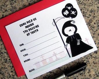 over the hill grim reaper in cemetery birthday party lined fill in invitations customizable with your color choice envelopes - set of 10