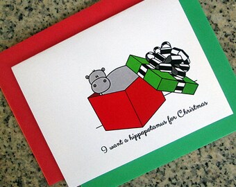 I want a hippopotamus for christmas cute holiday cards (blank/custom printed) with red or green envelopes - set of 10