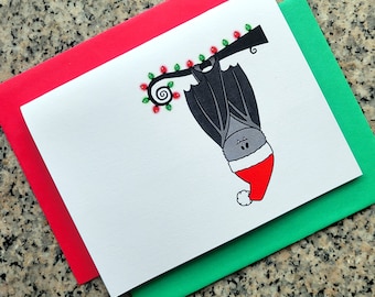 hanging bat in santa hat christmas holiday cards / notecards / thank you notes (blank or custom text inside) with envelopes - set of 10