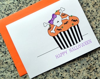 Happy Halloween skull cupcake with bats goth cards / notecards / thank you notes (blank/custom text inside) with envelopes - set of 10