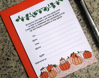 lil pumpkin lined baby shower invitations customized for either boy or girl with orange envelopes DIY - set of 10