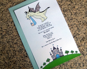 fairy tale dragon stork baby boy little prince baby shower full sized fully custom invitations with envelopes - set of 10