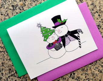 mid century goth snowman couple holiday christmas greeting cards thank you notes - set of 5 or 10
