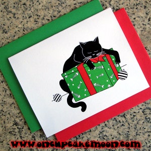 gatto nero addormentato con scatola regalo biglietti di auguri natalizi biglietti di ringraziamento (vuoti/personalizzati) con buste - set da 5 o set da 10