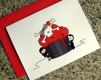 girl and boy vampire skull cupcake notecards / thank you notes (blank or custom printed inside) with envelopes - set of 5 or set of 10